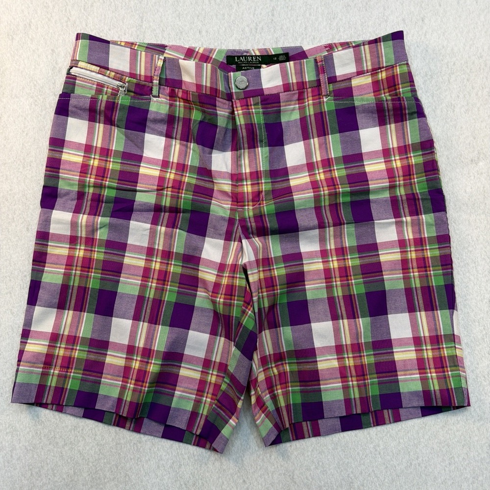 New L-RL Ralph Lauren Shorts Women's Sz 12! Pink Purple Plaid Active Golf Golfer